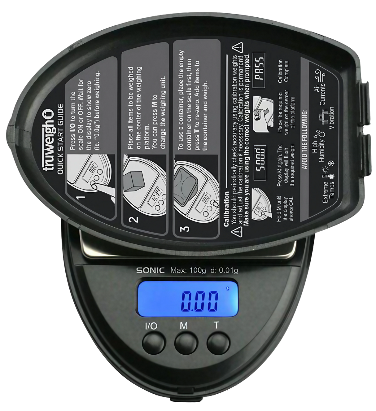 Truweigh Sonic Digital Mini Scale in black, top view, with blue backlit display showing 0.00
