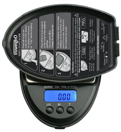 Truweigh Sonic Digital Mini Scale in black, top view, with blue backlit display showing 0.00