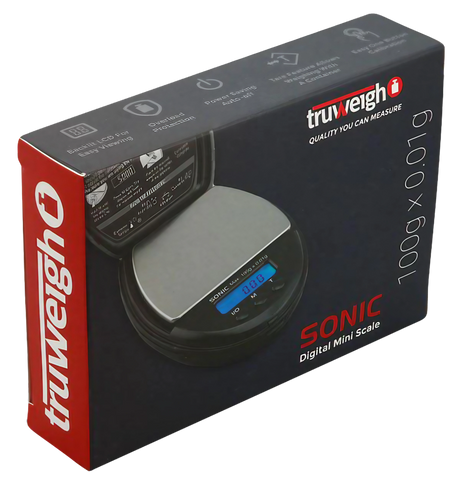 Truweigh Sonic Digital Mini Scale in black, portable design with 0.01g accuracy, displayed with packaging