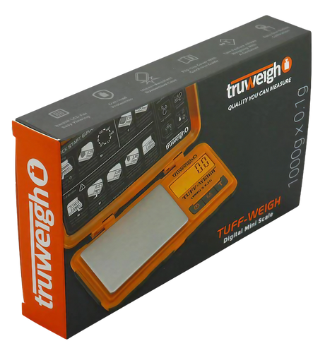 Truweigh Tuff-Weigh Mini Scale in black and orange, 1000g x 0.1g, portable design, angled view
