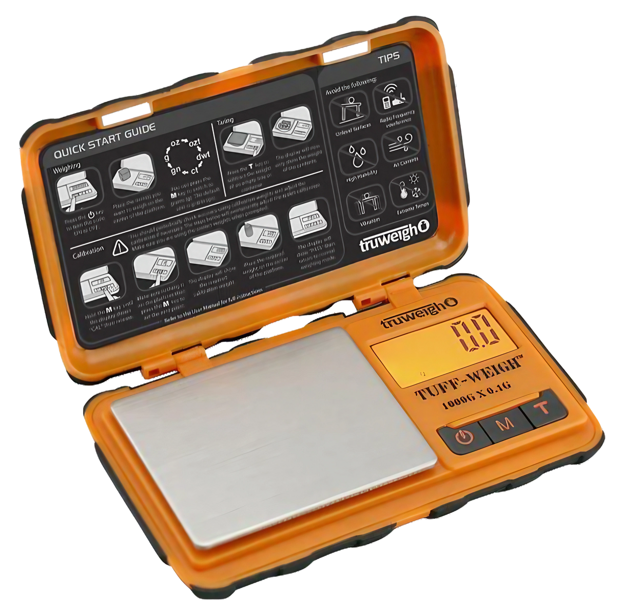 Truweigh Tuff-Weigh Mini Scale in orange, 1000g x 0.1g, open view with quick start guide
