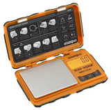 Truweigh Tuff-Weigh Mini Scale in orange, 1000g x 0.1g, open view with quick start guide