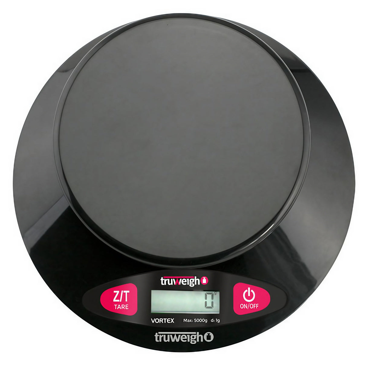 Truweigh Vortex Digital Bowl Scale in black, top view showing LCD and control buttons
