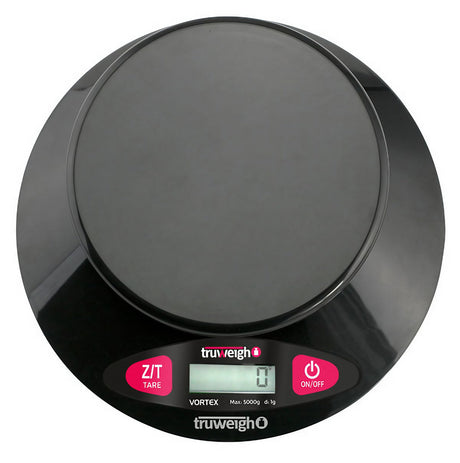 Truweigh Vortex Digital Bowl Scale in black, top view showing LCD and control buttons