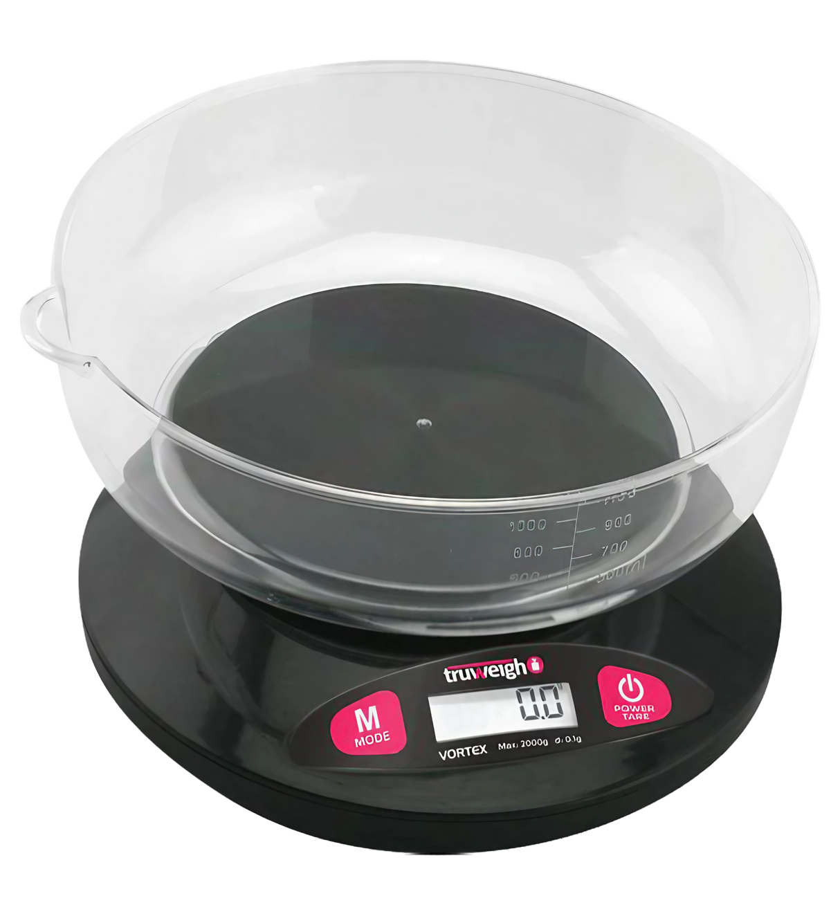 Truweigh Vortex Digital Bowl Scale in black, top view, portable design, ideal for kitchen use
