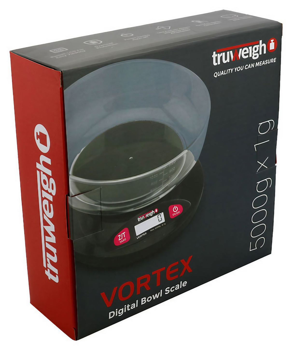 Truweigh Vortex Digital Bowl Scale in packaging, portable black design, ideal for kitchen use