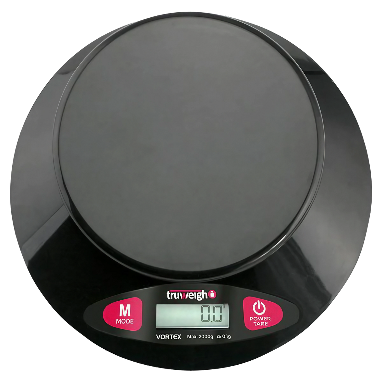Truweigh Vortex Digital Bowl Scale in black, compact design, top view showing LCD