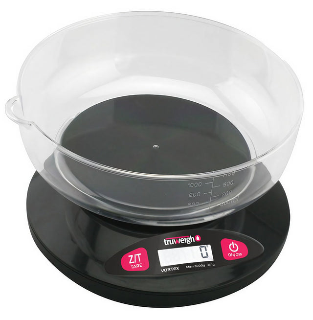 Truweigh Vortex Digital Bowl Scale in black, top view, showing clear bowl and digital display