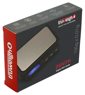 Truweigh Zenith Digital Mini Scale on black background, showing blue LCD and stainless steel platform
