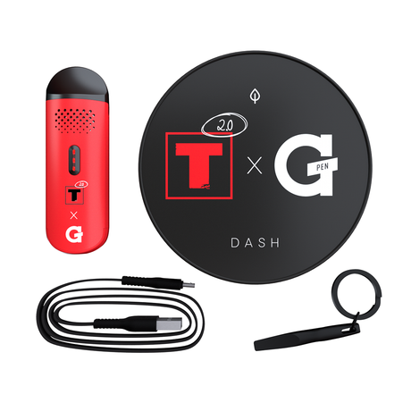 GPEN Dash Vaporizer by Grenco Science in red with accessories and packaging