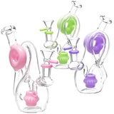 Twisted Donut Recycler Water Pipes in pink, green, and purple, compact 6.5" borosilicate glass, front view