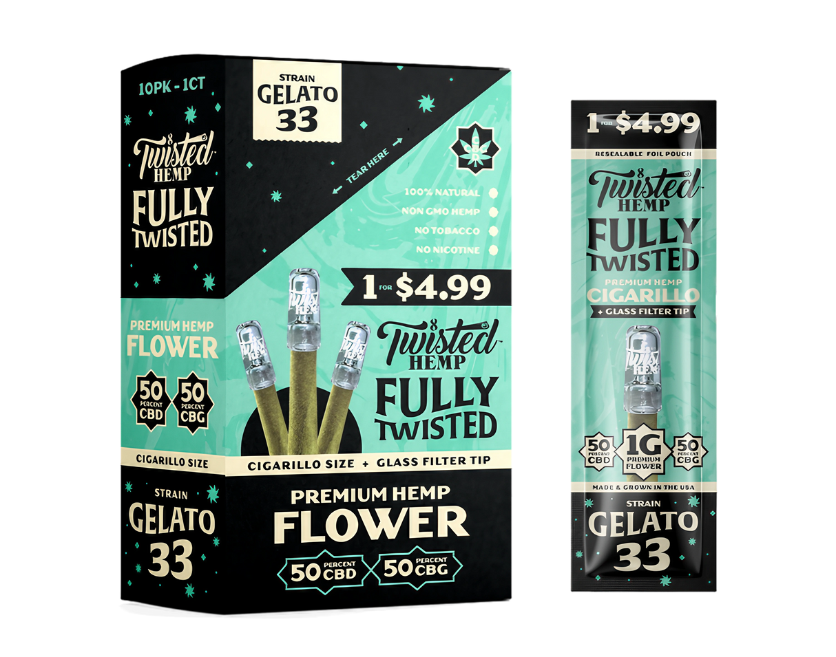 Twisted Hemp Fully Twisted CBD & CBG Cigarillo in Gelato 33 flavor, compact and portable design