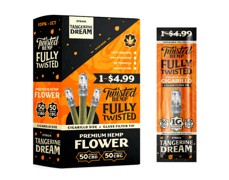 Twisted Hemp Fully Twisted cigarillo with CBD & CBG, Tangerine Dream flavor, front and back packaging view