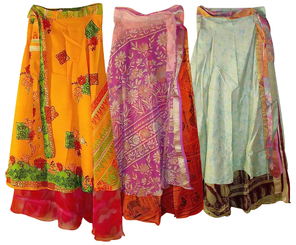 Vibrant Two-Layer Sari Wrap Skirts, One Size Fits Most, 36" Length, Front View