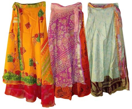 Vibrant Two-Layer Sari Wrap Skirts, One Size Fits Most, 36" Length, Front View