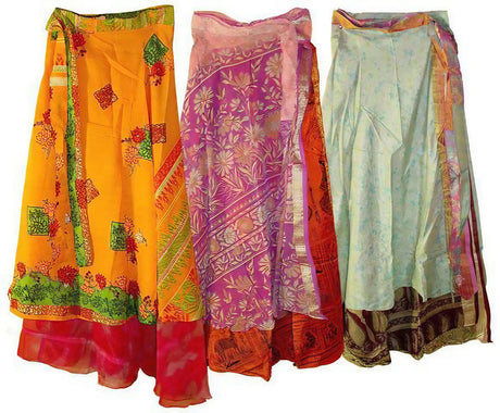 Three colorful Two-Layer Sari Wrap Skirts displayed side by side, medium size, 36" length