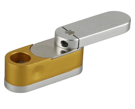 Compact two-tone gold and silver metal twist-out pipe with built-in storage, side view