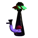 7" UFO Glass & Silicone Water Pipe glowing in dark, angled view with deep bowl for dry herbs