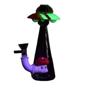7" UFO Glass & Silicone Water Pipe glowing in dark, angled view with deep bowl for dry herbs