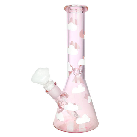 Up in the Clouds Beaker Water Pipe, 10" tall, 14mm female joint, with cloud design on pink glass