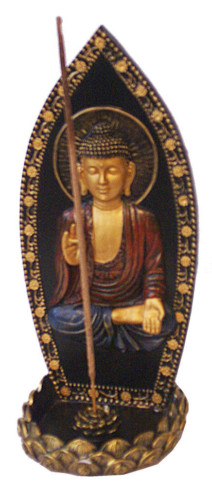 8.5" Upright Buddha Incense Burner with intricate design, front view on white background