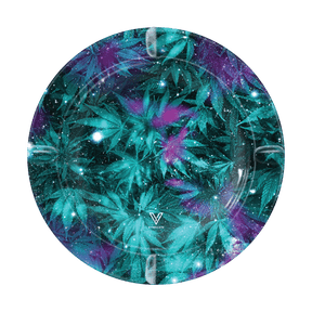 Cosmic Chronic Blazin' Ashtray, V Syndicate metal with vibrant purple and teal cannabis leaf design