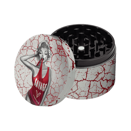 Dank Diva SharpShred 360 Grinder in red & white, portable 4-piece design with novelty graphic, top view