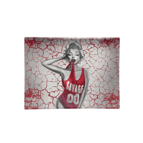 V Syndicate Dank Diva Glass Rollin' Tray with red and white design, medium size, top view