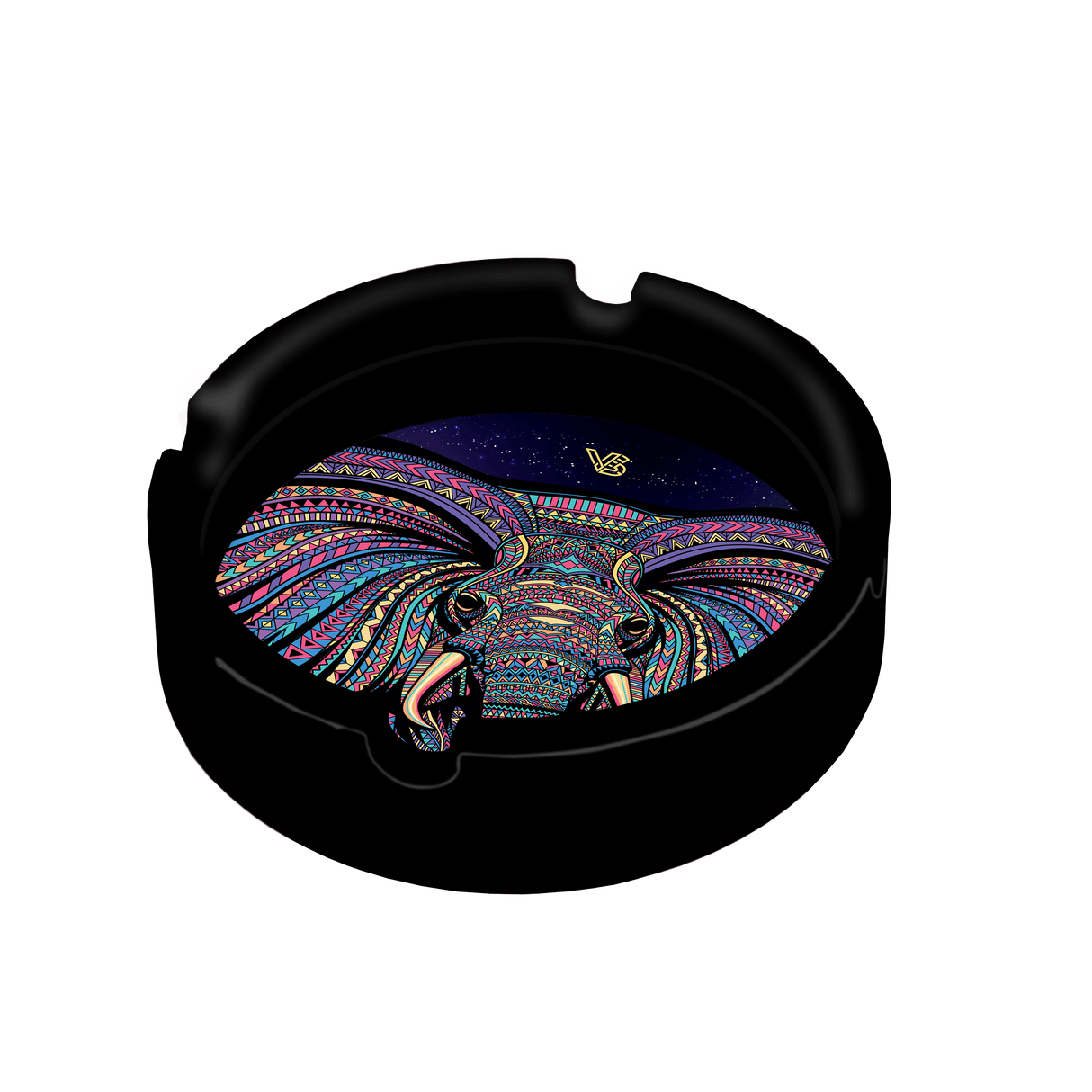 V Syndicate Elephant Blazin' Silicone Ashtray, Black with Colorful Design, Top View, Portable