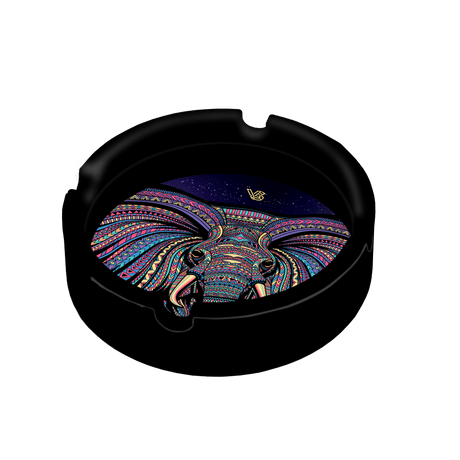 V Syndicate Elephant Blazin' Silicone Ashtray, Black with Colorful Design, Top View, Portable