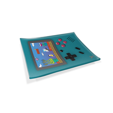 V Syndicate Game Head Glass Rollin' Tray with Retro Gaming Design - Angled View