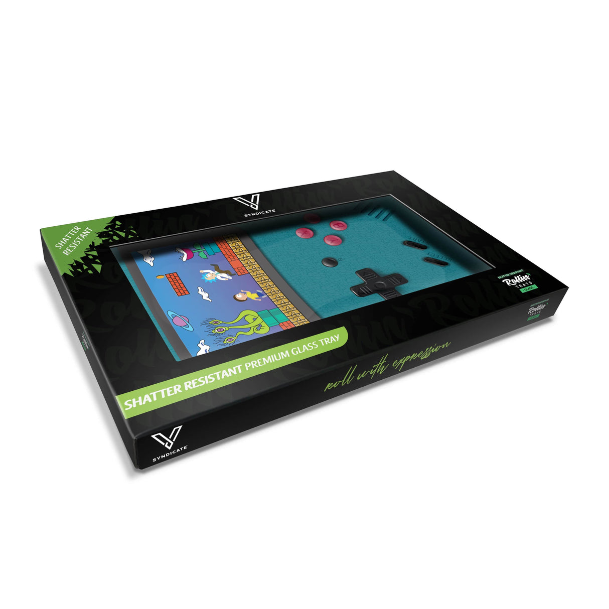 V Syndicate durable glass rolling tray with retro arcade game design - 3/4 angle view