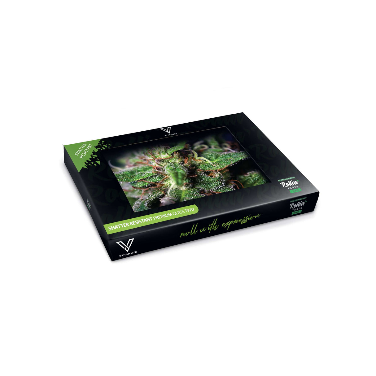V Syndicate Blue Dream Glass Rollin' Tray with vibrant green and purple hues, compact design, angled view