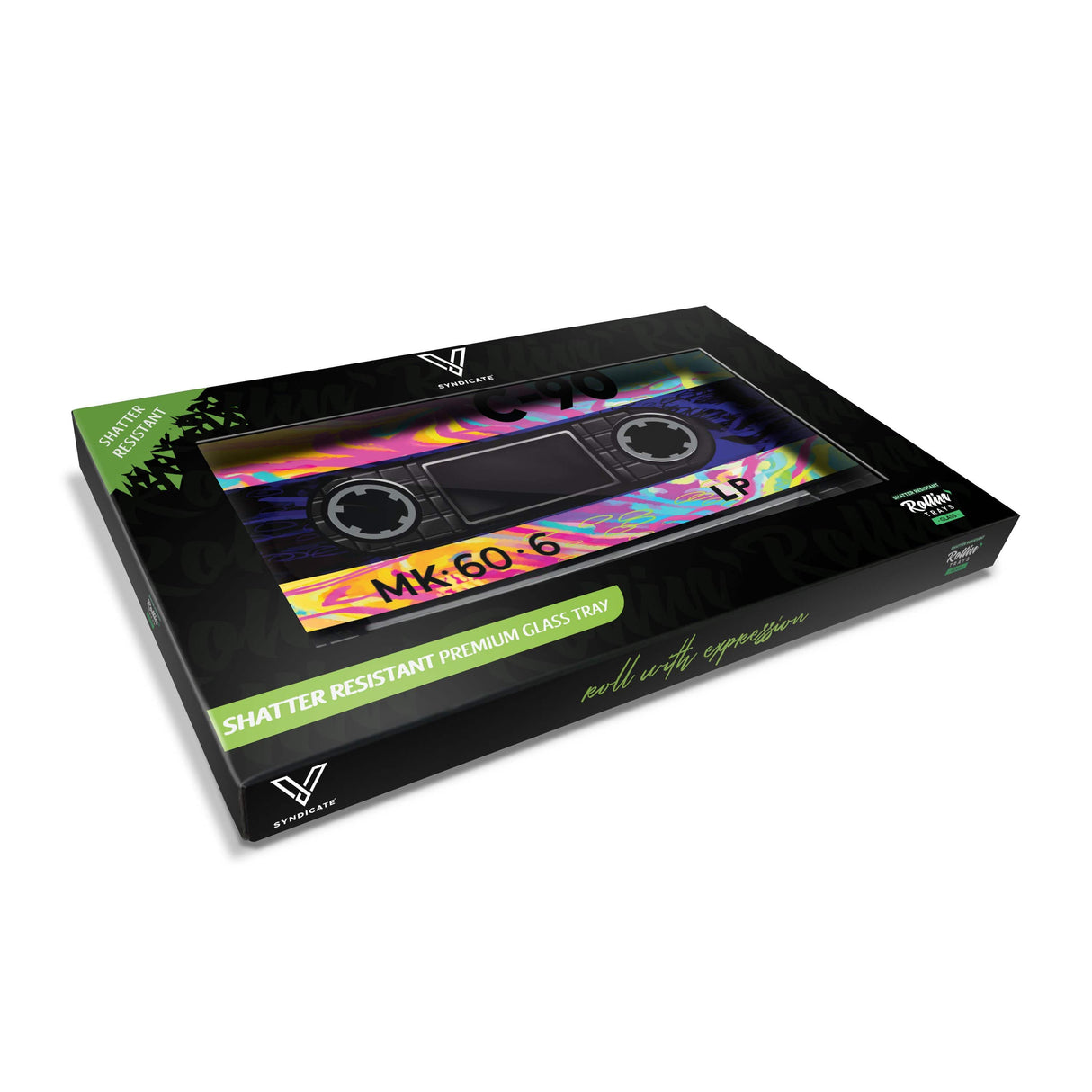 V Syndicate Cassette Glass Rollin' Tray with rainbow design, medium size, shatter-resistant