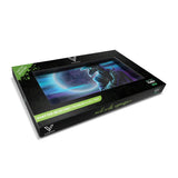 V Syndicate Dark Traveler Glass Rollin' Tray with cosmic design, shatter-resistant, angled view