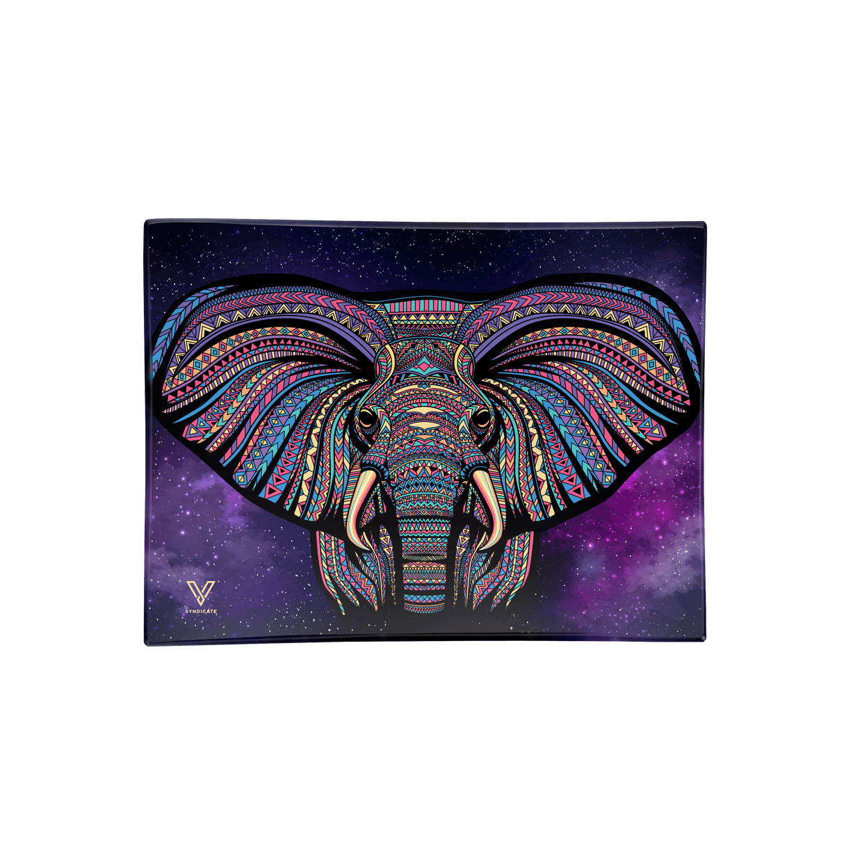 V Syndicate Elephant Glass Rollin' Tray, Medium Size, Purple with Cosmic Design, Front View