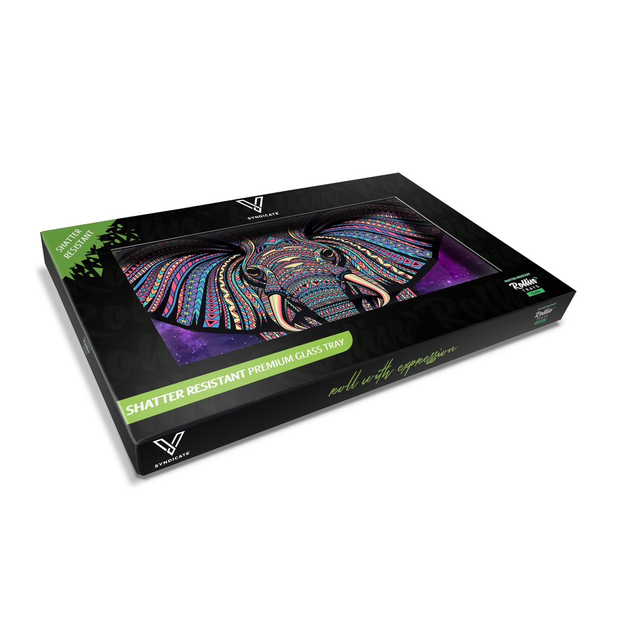 V Syndicate Elephant Glass Rollin' Tray with Colorful Design, Medium Size, Shatter Resistant