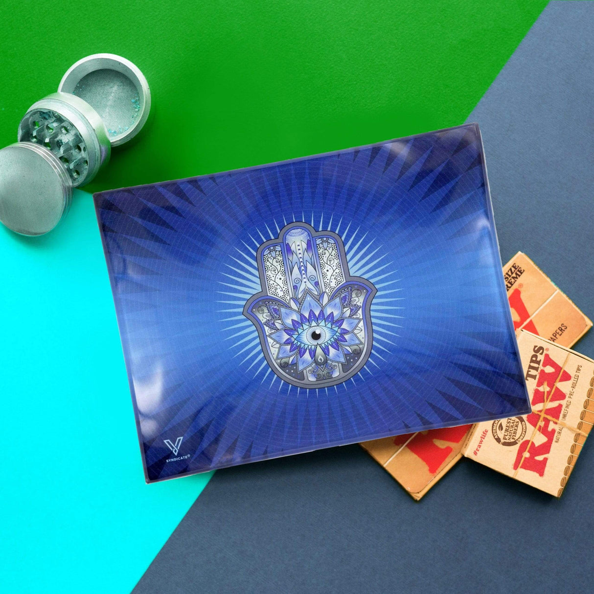 V Syndicate Hamsa Blue Glass Rollin' Tray with vibrant design, medium size, on colorful background