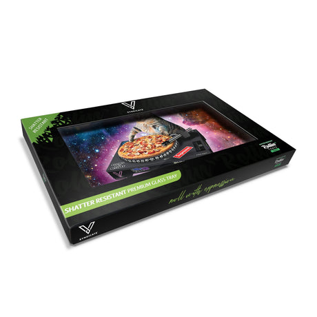 V Syndicate Pussy Vinyl Glass Rollin' Tray with cosmic pizza design, shatter-resistant, medium size