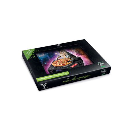 V Syndicate Pussy Vinyl Glass Rollin' Tray with cosmic cat design, medium size, angled view
