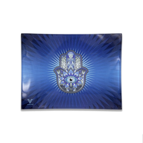 V Syndicate Hamsa Blue Glass Rollin' Tray, Medium Size, Portable Design with Hamsa Decoration