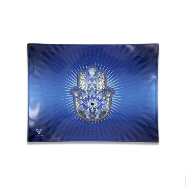 V Syndicate Hamsa Blue Glass Rollin' Tray, Medium Size, Portable Design with Hamsa Decoration