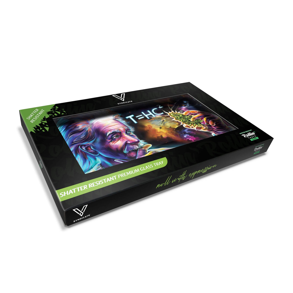 V Syndicate Einstein T=HC2 Cosmic Glass Rolling Tray, Shatter-Resistant - Angled View