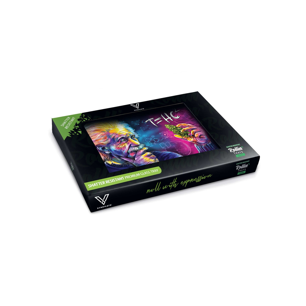 V Syndicate T=HC2 Einstein-themed glass rolling tray, medium size, in black and purple
