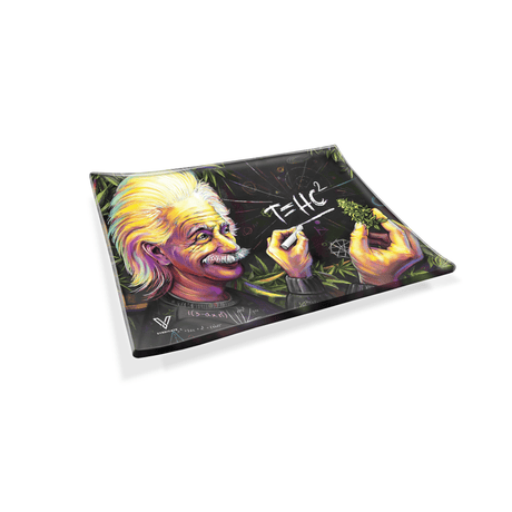 V Syndicate T=HC2 Einstein-themed glass rolling tray with a fun novelty design, medium size, angled view