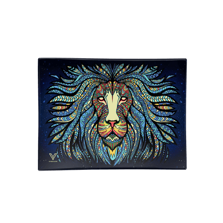 V Syndicate Tribal Lion Glass Rollin' Tray with vibrant blue design, compact and portable for dry herbs