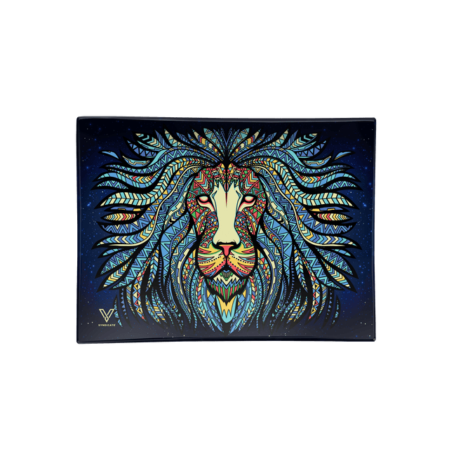 V Syndicate Tribal Lion Glass Rollin' Tray with vibrant blue design, compact and portable for dry herbs