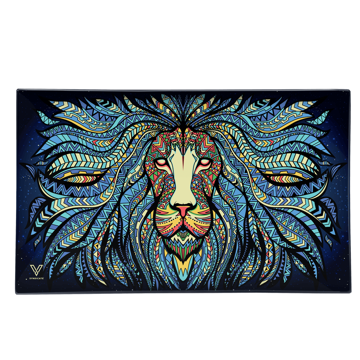 V Syndicate Tribal Lion Glass Rollin' Tray with vibrant blue and multicolor design, medium size, perfect for home decor.