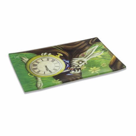 V Syndicate White Rabbit Glass Rolling Tray featuring whimsical rabbit design - top view