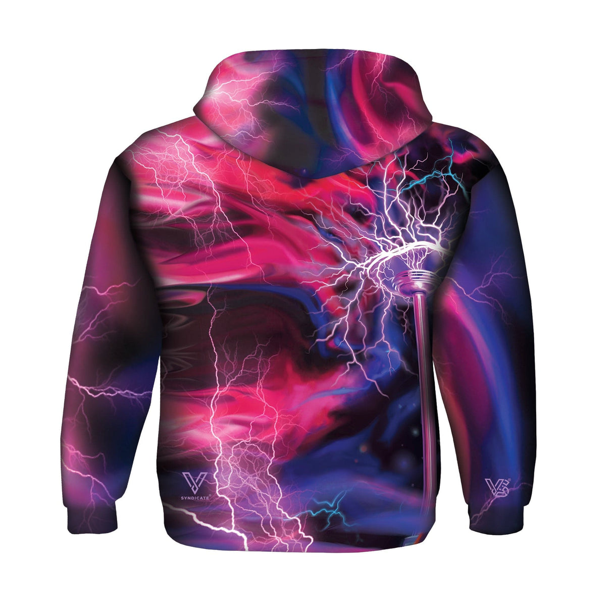 V Syndicate High Voltage Hoodie with 360° Electric Print, Size 2XL, Rear View on White Background